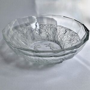 Vintage Lalique Style Cut Clear Crystal  Bowl with Frosted " Roses & Cherubs"